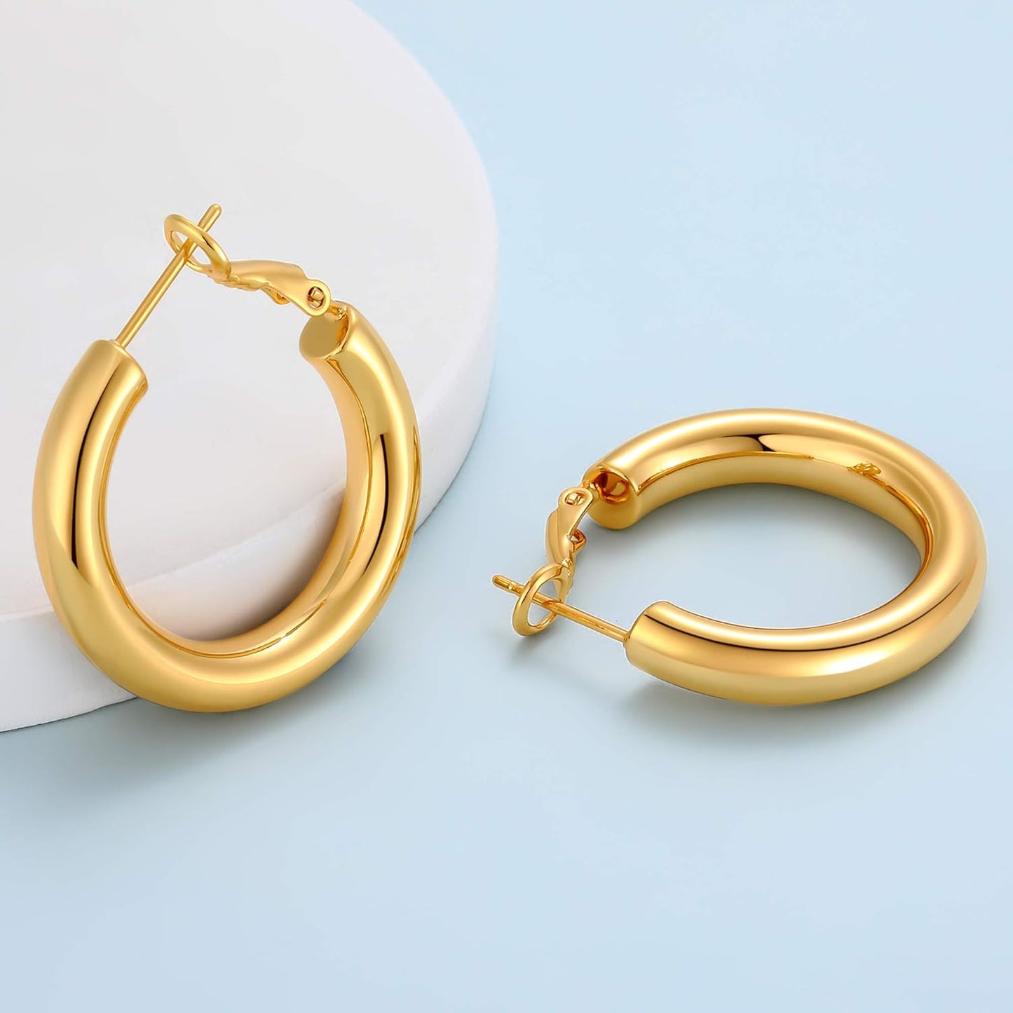 Gold Hoop Earrings for Women 14K Gold Plated Chunky Hoops Hypoallergenic Lightweight Hollow Tube Earrings