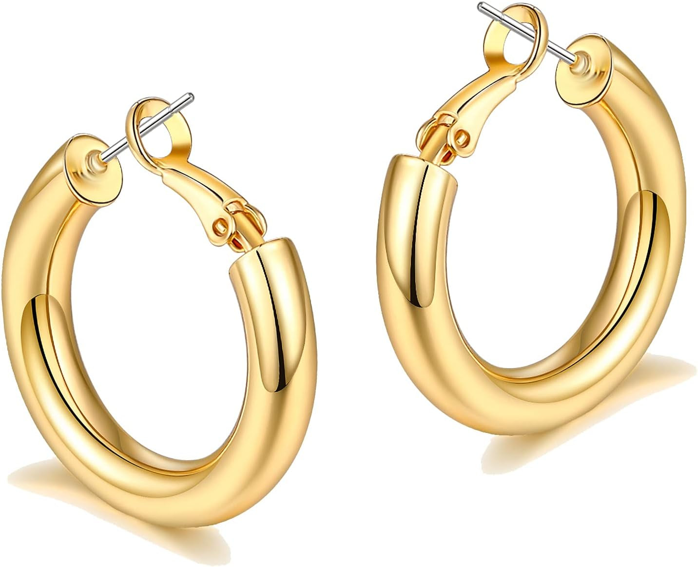 Chunky Gold Hoop Earrings for Women with 925 Sterling Silver Post, 14K Gold Plated Small Thick Gold Hoops Earrings for Women