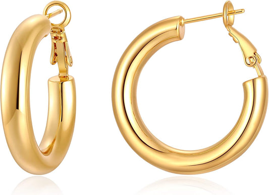 Gold Hoop Earrings for Women 14K Gold Plated Chunky Hoops Hypoallergenic Lightweight Hollow Tube Earrings