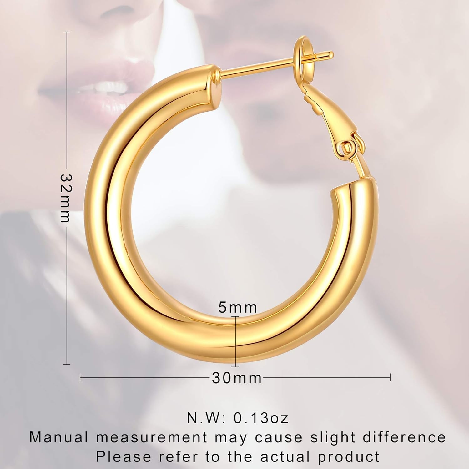 Gold Hoop Earrings for Women 14K Gold Plated Chunky Hoops Hypoallergenic Lightweight Hollow Tube Earrings