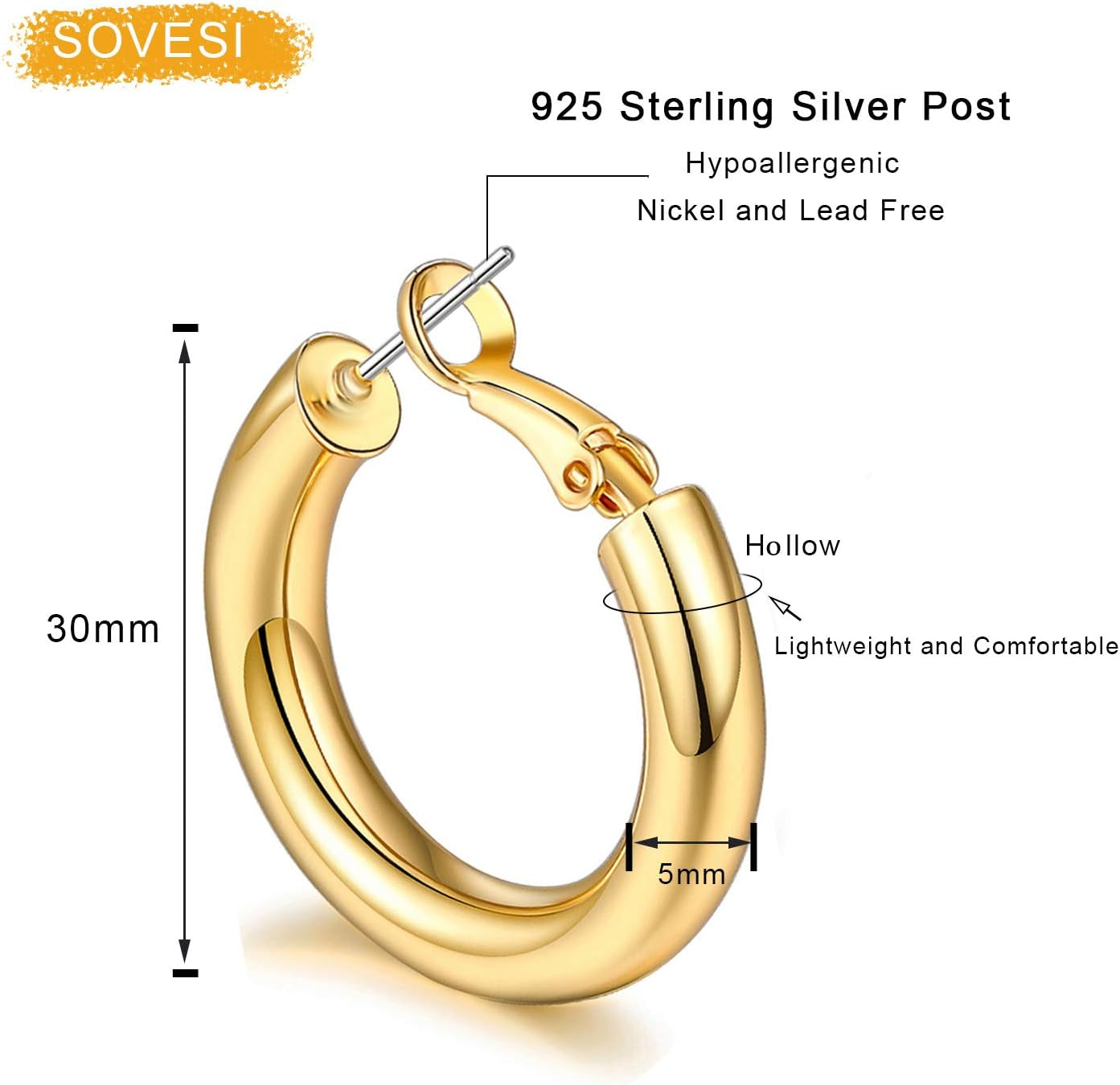 Chunky Gold Hoop Earrings for Women with 925 Sterling Silver Post, 14K Gold Plated Small Thick Gold Hoops Earrings for Women