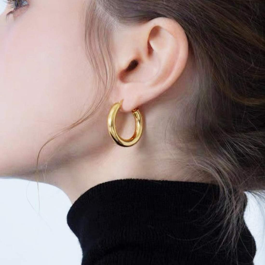 Chunky Gold Hoop Earrings for Women with 925 Sterling Silver Post, 14K Gold Plated Small Thick Gold Hoops Earrings for Women